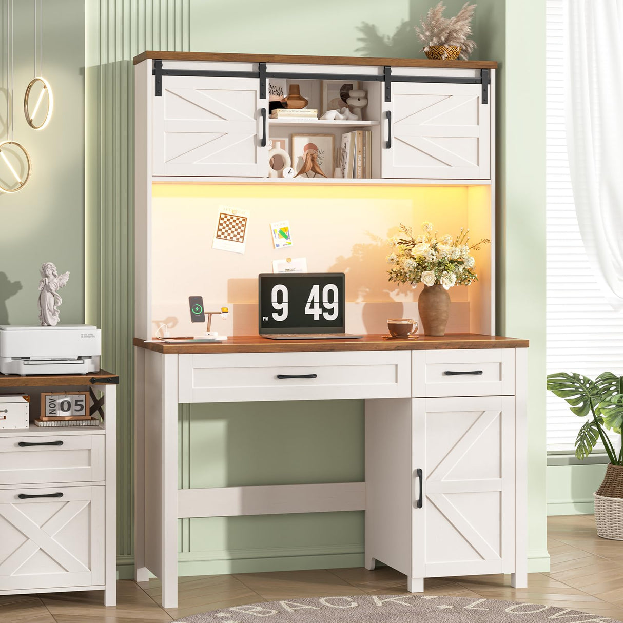 Vabches Farmhouse 47" Executive Desk, Computer Desk with 2 Drawers, LED Light and Storage Cabinet, Home Office Desk with Hutch, Charging Hub, Workstation for Home Office and Study.Unique White Vabches