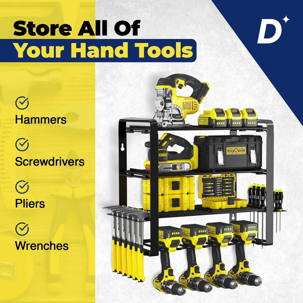 Heavy Duty Power Tool Organizer Wall Mount (Holds Up to 165 lbs) Include Level for Easy Multisurface Install Tool Organizer with Customizable Shelves Multi-Tool Holder for Drills, Hammers & Hand Tools Decluttify