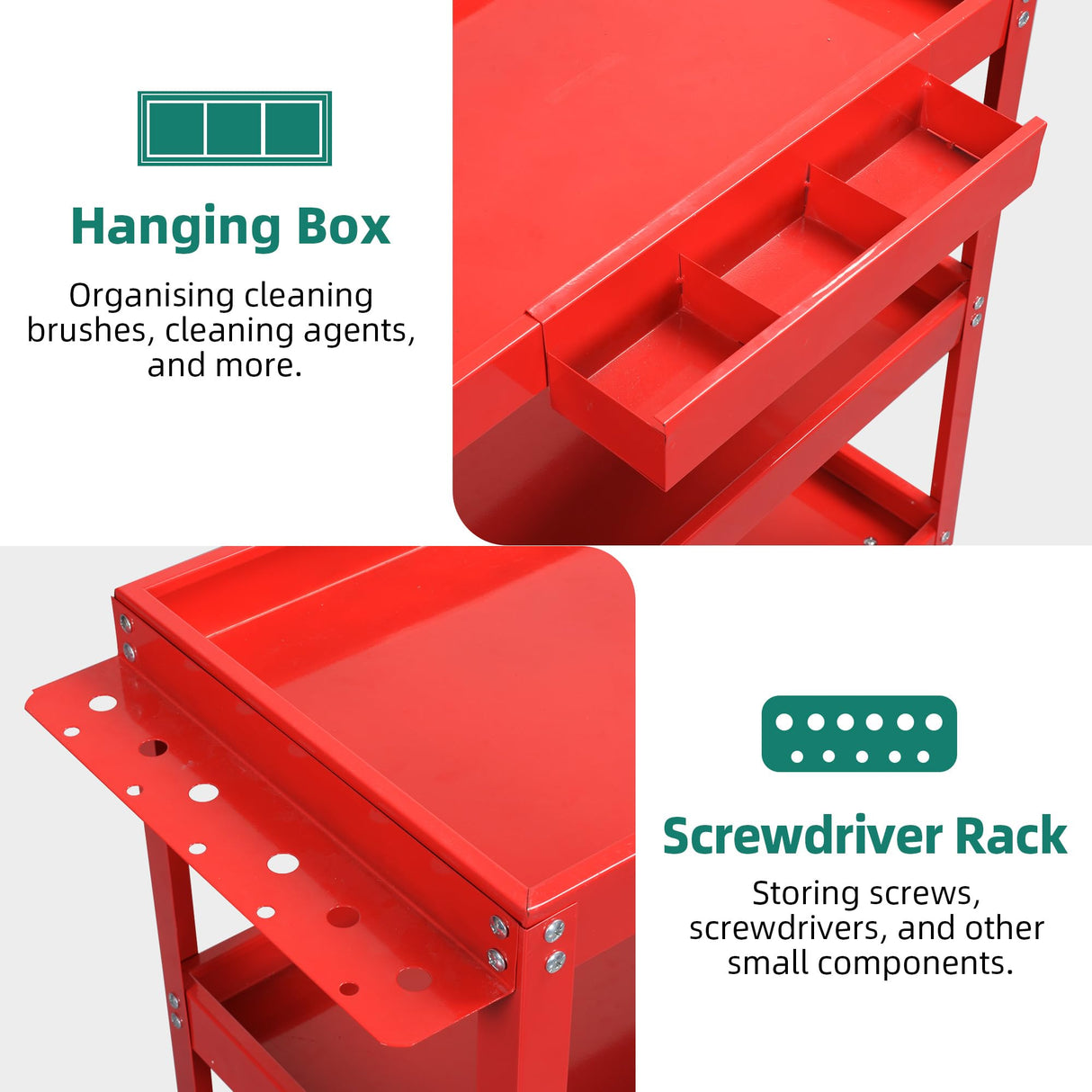 YITAHOME 3-Tier Tool Cart on Wheels, Rolling Metal Service Cart with Screwdriver Hanging Board & Storage Box, Heavy Duty Steel Utility Cart 400lbs Load Capacity for Mechanic Work Garage Warehouse Red YITAHOME