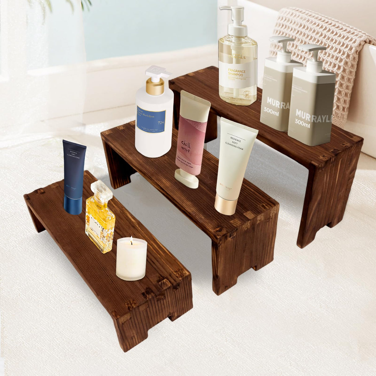 Yikaroeli Display Wood Risers Wooden Stand 3 Tier Wood Racks Decorative Rectangular, 2 Set 6 Piece Cupcake Stands Cologne Perfume Organizer Showcase Items(Brown) Yikaroeli