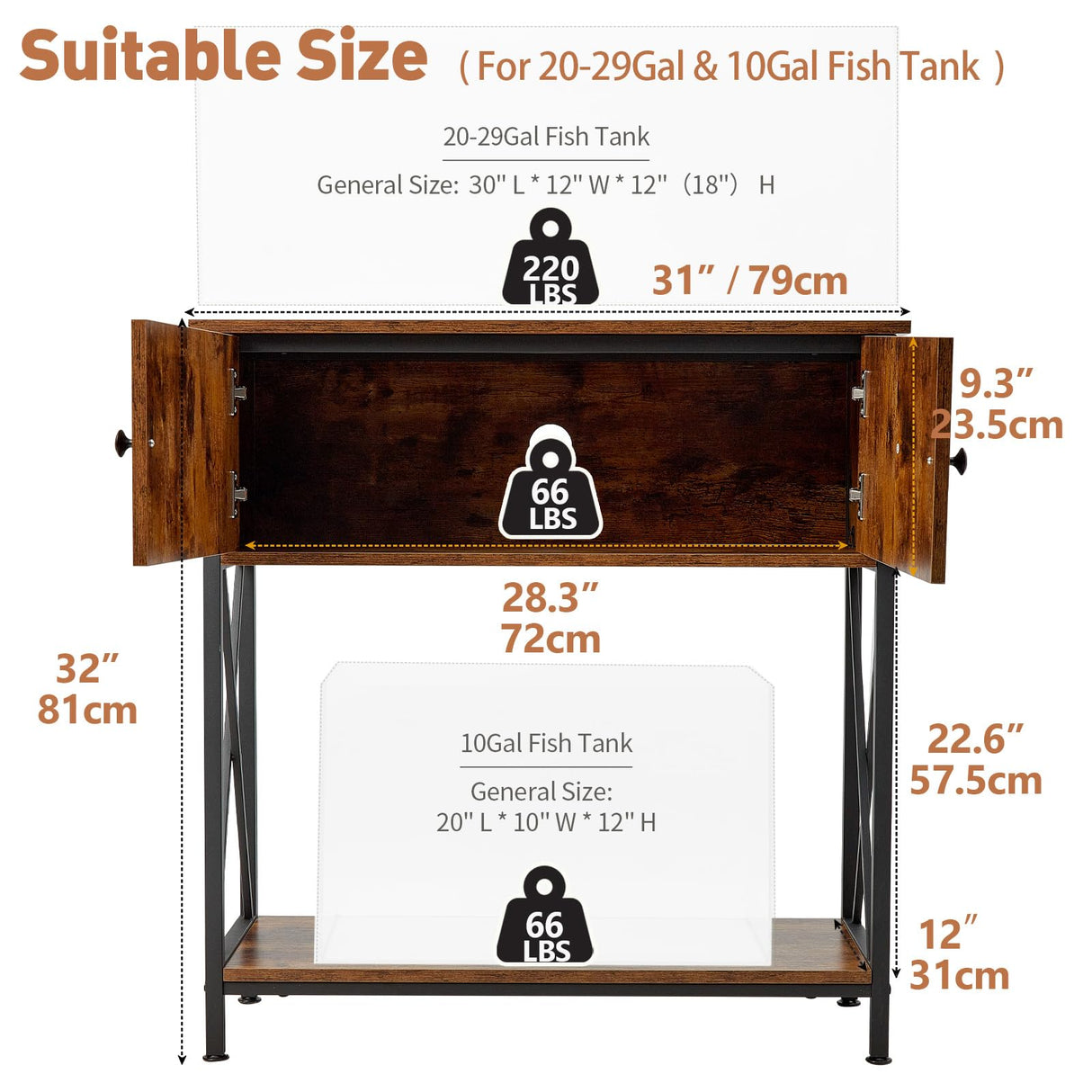 LAQUAL 20-29 Gallon Aquarium Stand with Cabinet, 20 Gallon Long Fish Tank Stand with 31''L * 12''W Tabletop, Double Heavy Metal Stand with Stable Structure, Adjustable Table Feet - Rustic Brown LAQUAL