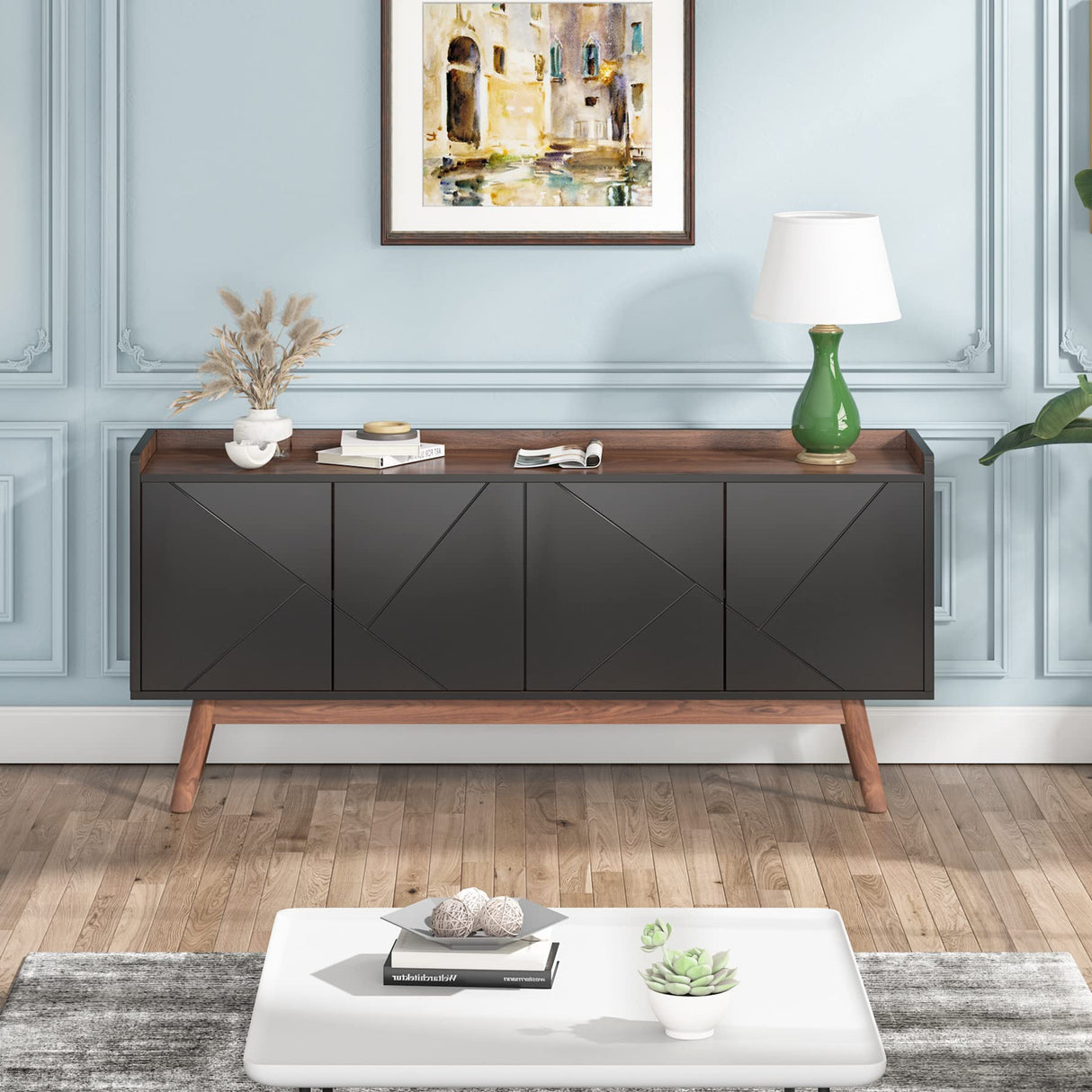 Tribesigns Sideboard Buffet Cabinet with Storage 55" Kitchen Sideboard Cabinet, Wood Coffee Bar Cabinet with Doors, Accent Sideboard Cabinet, Console Table Cabinet for Dining Room Living Room, Black Tribesigns