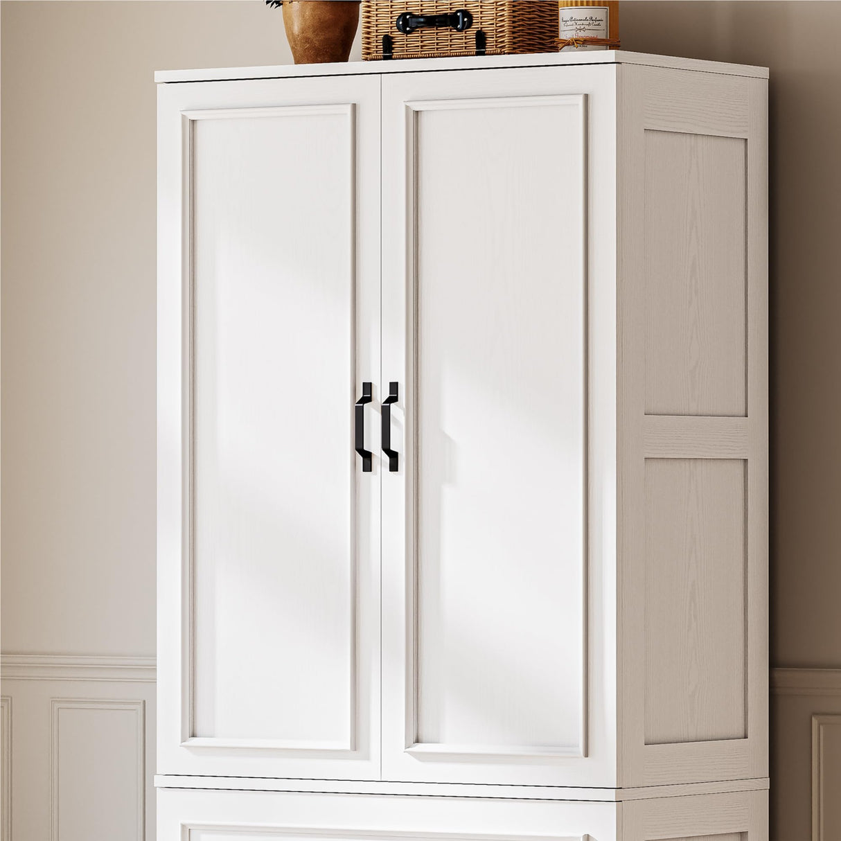 LIKIMIO Armoire Wardrobe Closet with 2 Doors and 2 Drawers 70" H x 36" W Wooden Bedroom Freestanding Wardrobe Combination for Hanging Clothes, White LIKIMIO