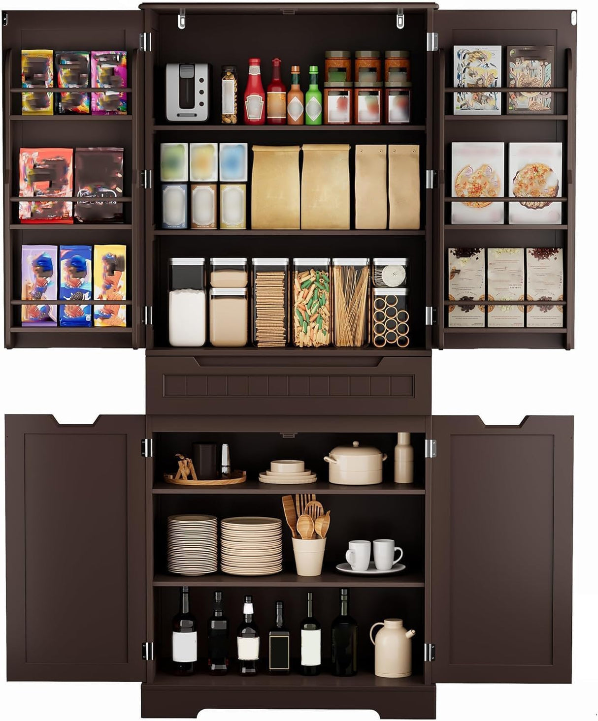 Gizoon 71" Kitchen Storage Cabinet with Doors and Shelves Large Pantry Storage Cabinet Freestanding Bathroom Cabinet with Drawer for Dining Room Craft Room, Dark Brown Gizoon