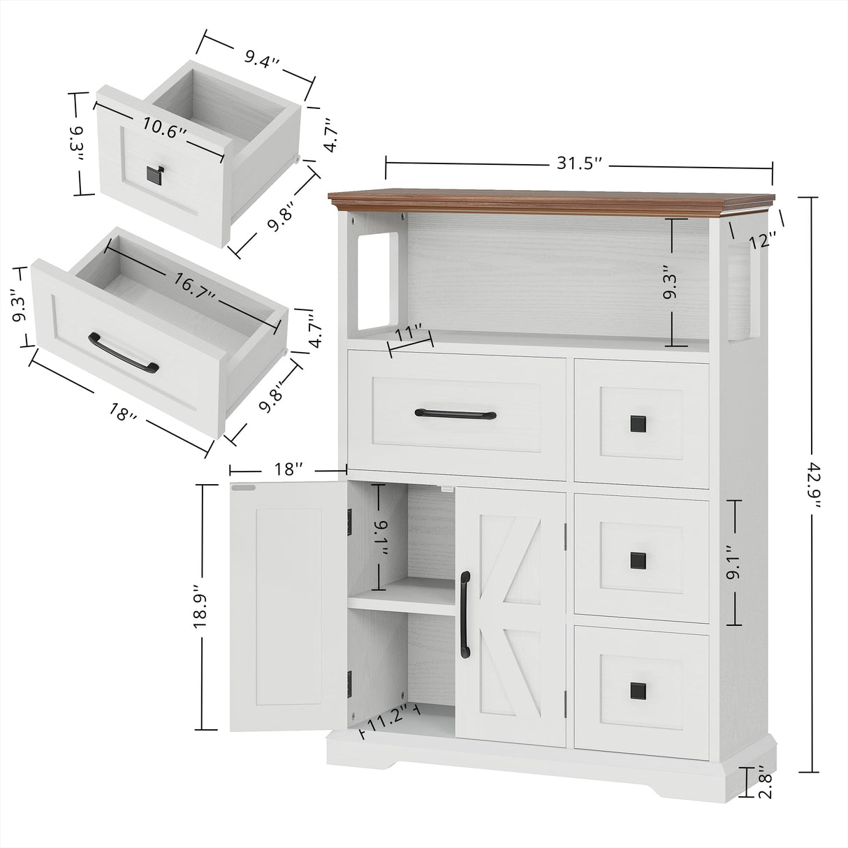 IRONCK Farmhouse Storage Cabinet, Bathroom Floor Cabinet with 4 Drawers & Shelves, 31.5" Wide Kitchen Pantry Cabinet, Adjustable Shelf, Barn Doors, Bathroom, Kitchen,White/Walnut IRONCK