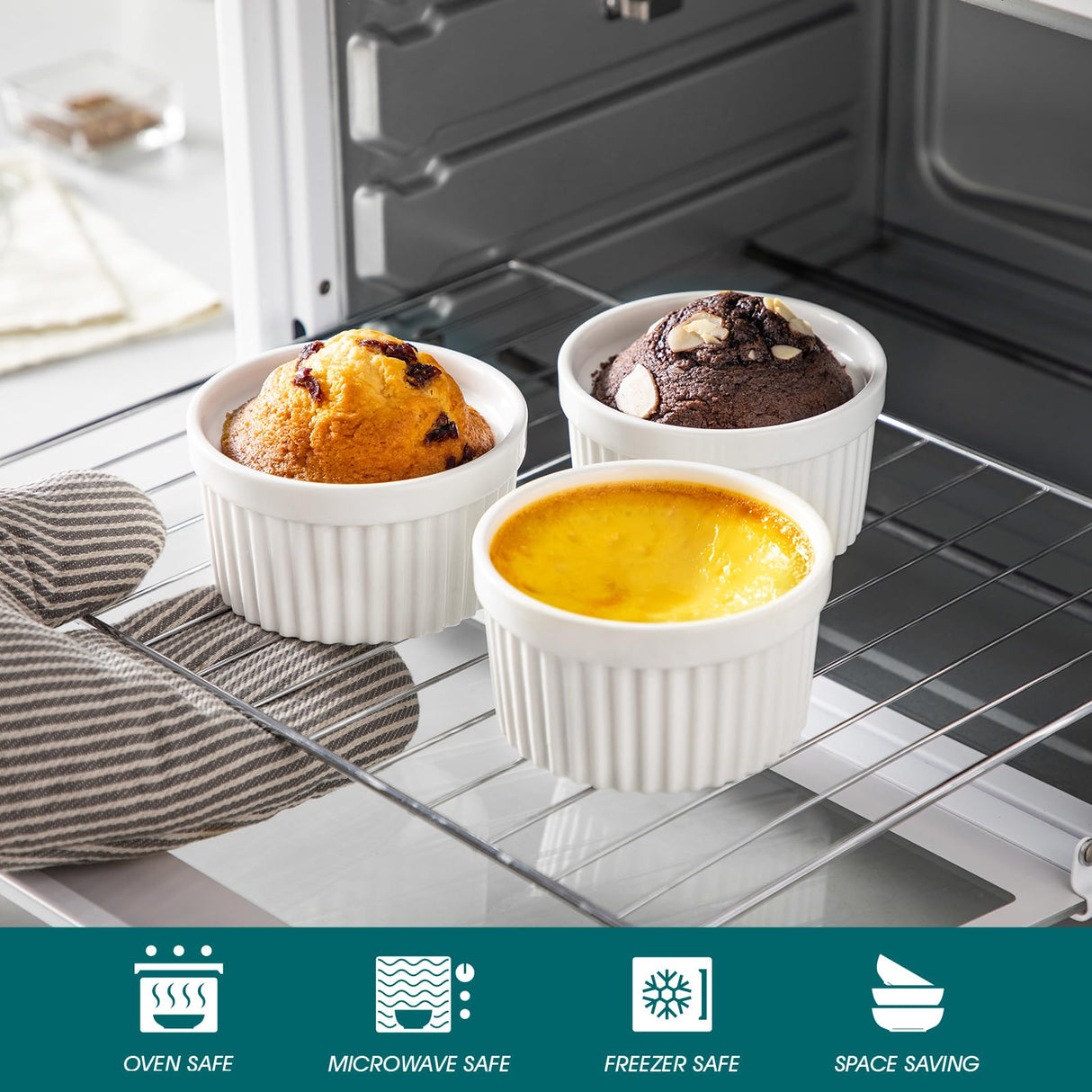 vancasso 8 oz Ramekins with Lid, Porcelain Creme Brulee Souffle Dishes, White Pudding Custard Cups Ramiken for Baking, Dishwasher and Oven Safe, Set of 6 vancasso