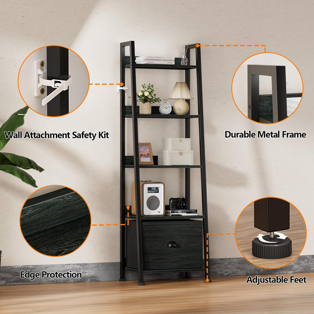 Furologee 5-Tier Ladder Shelf, Narrow Ladder Bookshelf with Drawer, 55.6”Tall Industrial Bookcase Storage Rack Organizer, Freestanding Storage Shelve for Living Room, Home Office, Bedroom, Black Oak Furologee