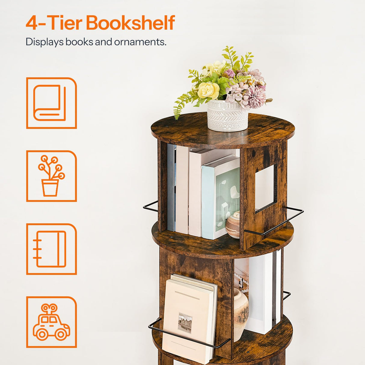 HOOBRO Rotating Bookshelf, 360° Spinning Bookshelf for Small Spaces, 4-Tier Floor Standing Bookcase Storage Rack, Wooden Corner Bookcase for Living Room, Study, Office, Rustic Brown and Black FG54SJ01 HOOBRO