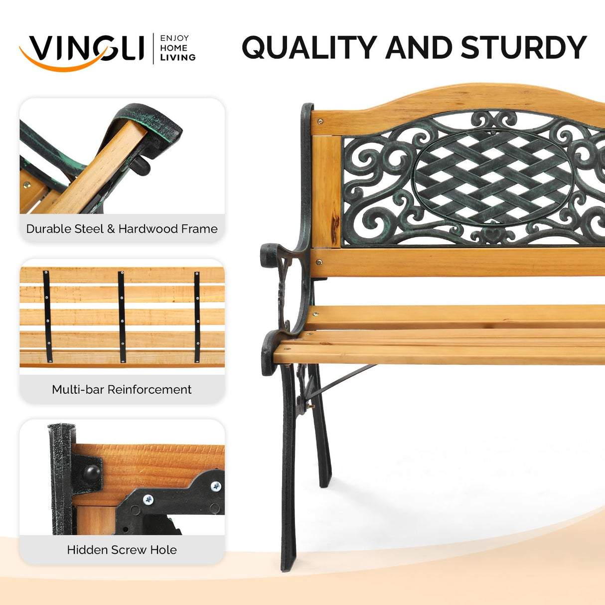 VINGLI Outdoor Bench Metal Garden Bench Front Porch Bench, Wood Patio Bench w/PVC Backrest Cast Iron Love Seat Park Benches (Arched Back) VINGLI