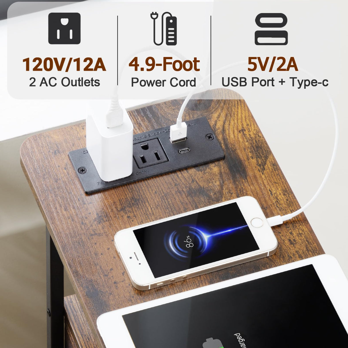 LOAKEKEL Narrow End Table Living Room with Charging Station, Skinny Side Table with Fabric Drawers, Slim LED Nightstand for Bedroom, Small Spaces, Couch, Rustic Brown, HETNDP02LPBR-1 LOAKEKEL