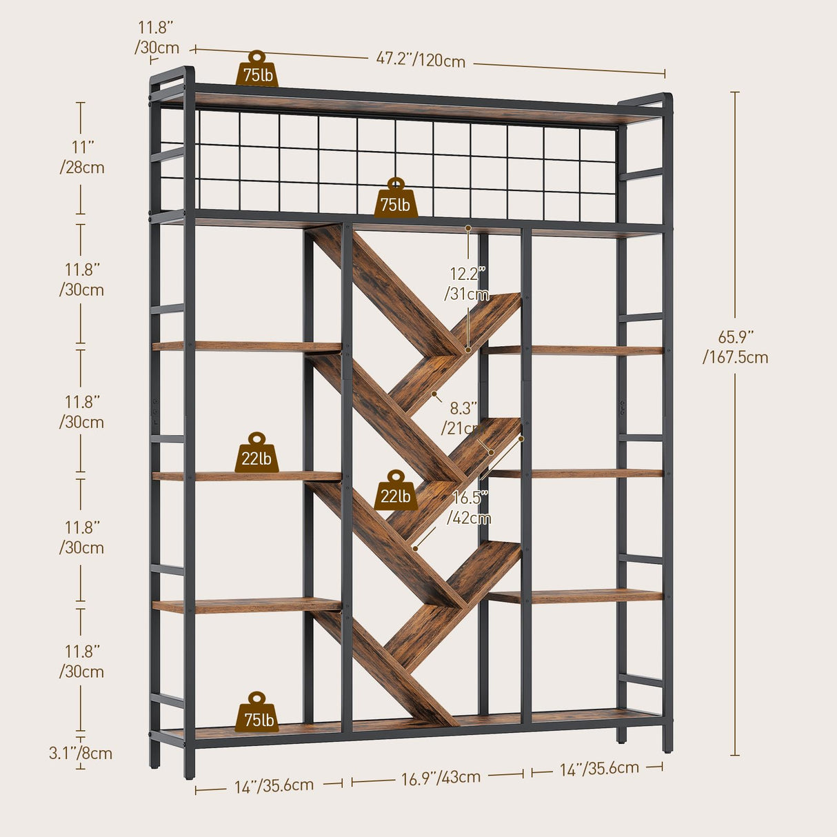RALGEND Triple 6-Tier Bookshelf, Industrial Large Bookcase with 18 Open Display Shelves, Modern Tree Bookcase with Metal Frame and Hanging Function for Living Room, Home Office, Rustic Brown and Black
