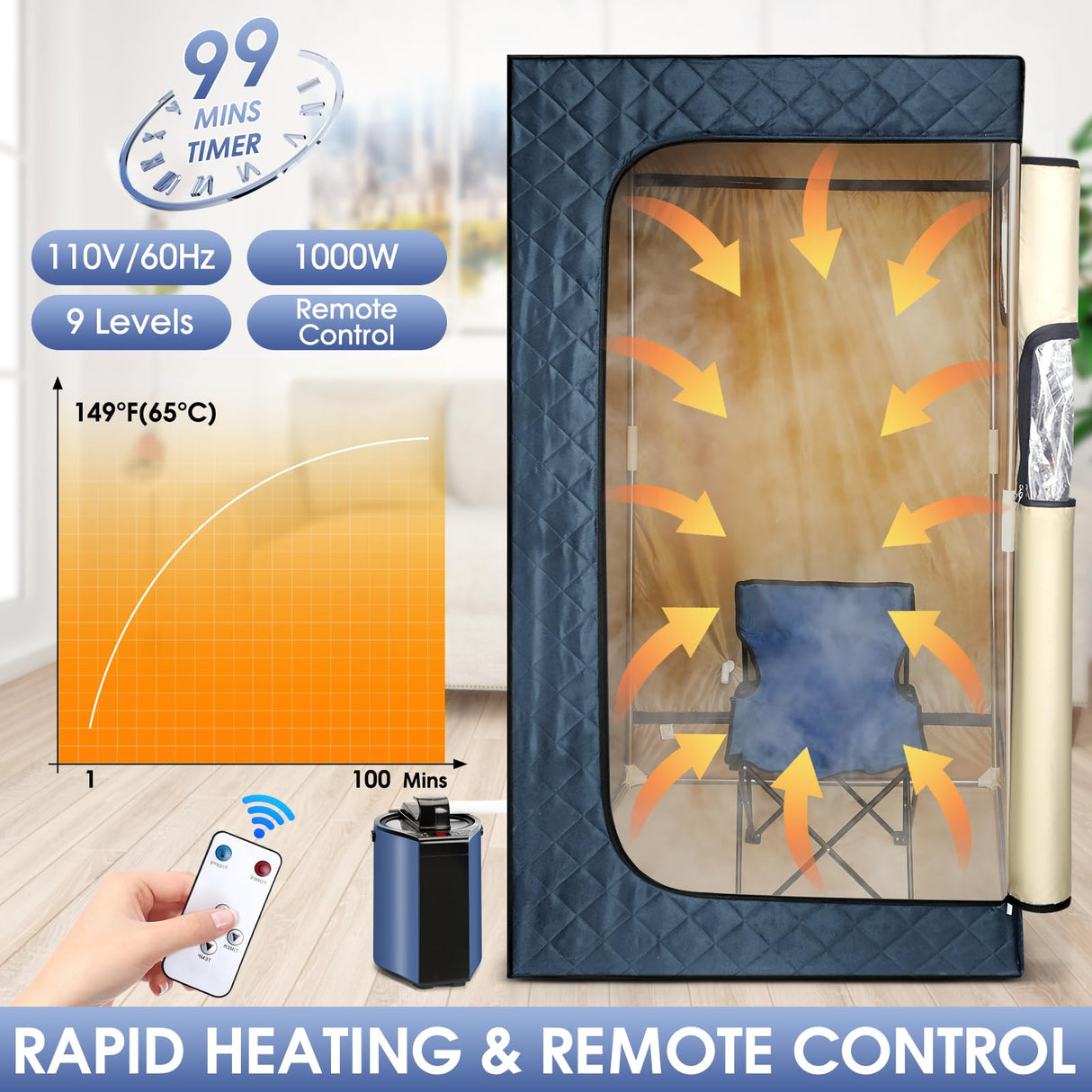 Portable Steam Sauna, Sauna Box for Home, Personal Sauna Tent with 3 L Steamer, 149°F, 9 Levels, Folding Chair, UV Atomization, Cycling Timer,72''X36''X36'' Sunakie