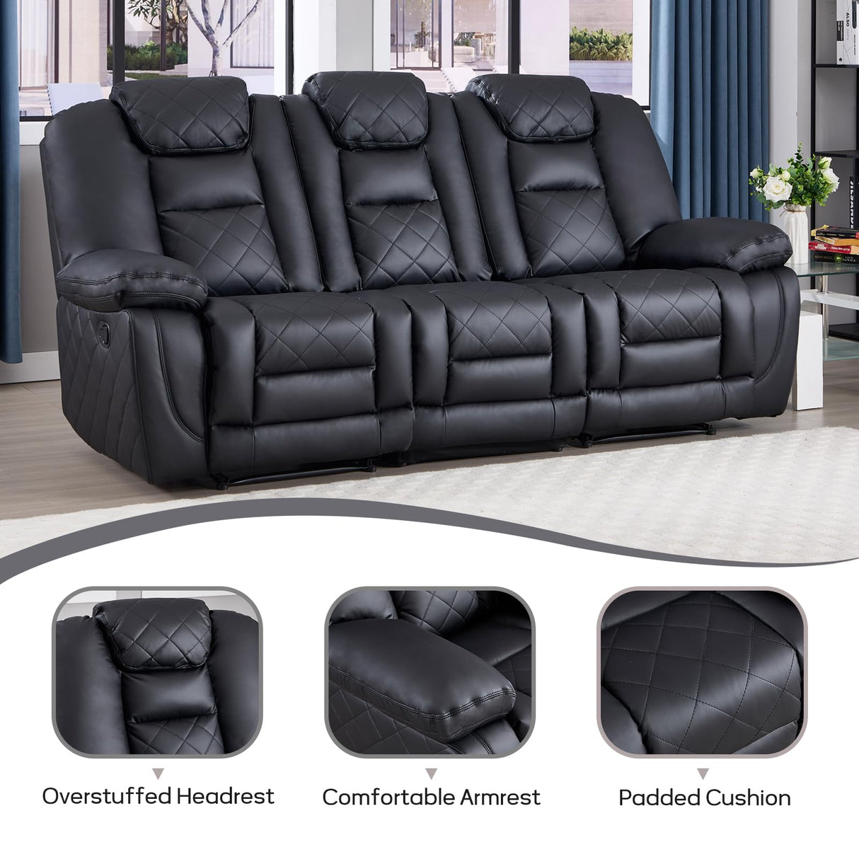 EBELLO Faux Leather Manual Reclining Sofa, 3 Seat Recliner Sofa Chair with Overstuffed Armrest and Backrest, Couch Furniture for Home Theater Living Room, Meeting Room, Black (3 Seat Sofa) EBELLO