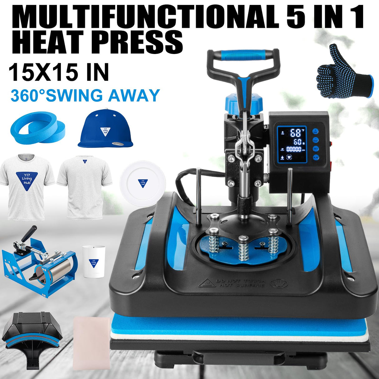 Leomru 5 in 1 Heat Press Machine, Heat Press 15x15, Multifunction T Shirt Press Machine, 360-Degree Swing Away Sublimation Heat Press Machine for T-Shirt Mugs Hat Cap Slide Out Leomru