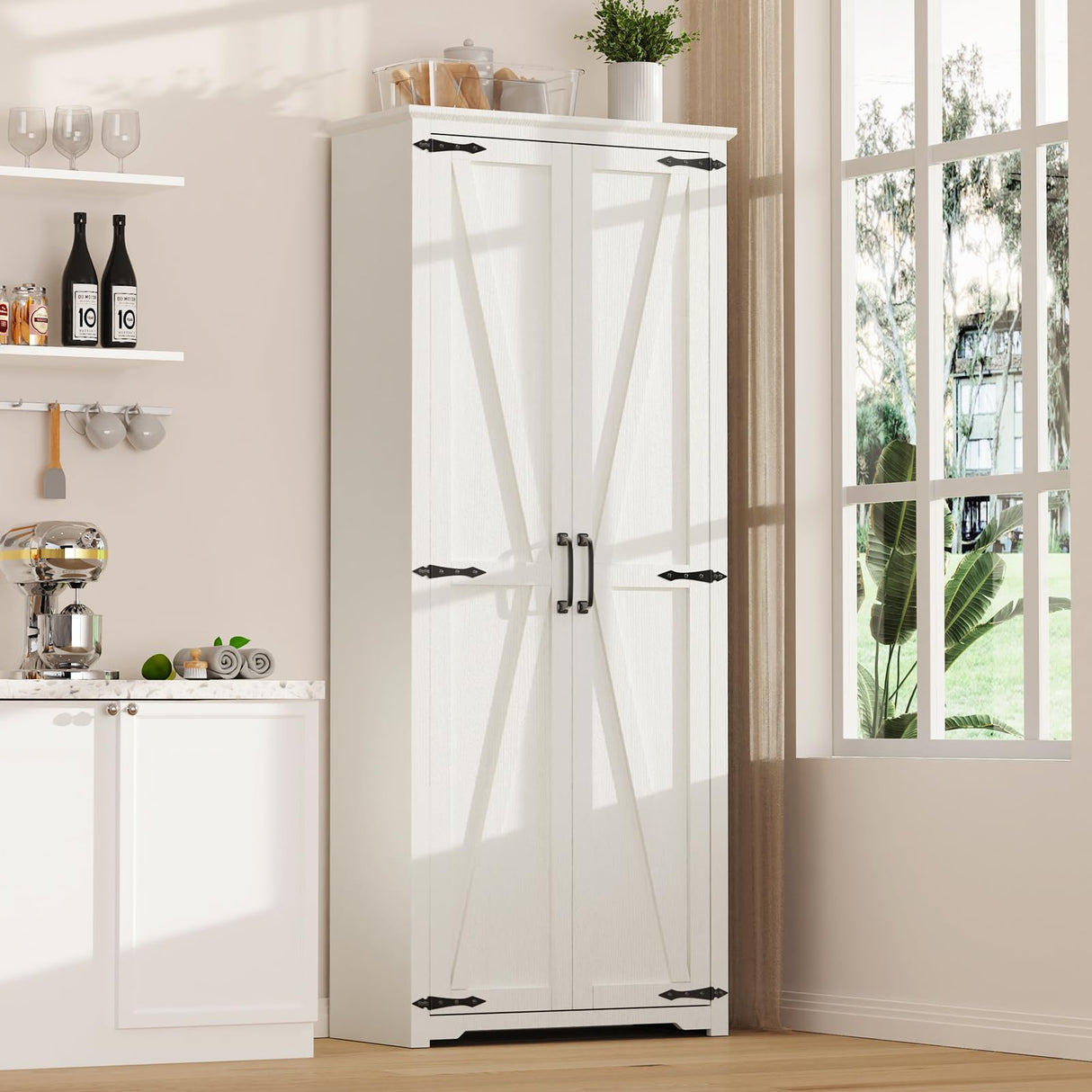 Teekyooly 70" Tall Kitchen Pantry, Farmhouse Storage Cabinet with 2 Barn Doors and 5 Adjustable Shelves, Rustic Wood Cupboard for Kitchen, Dining Room, Bathroom, Off White Teekyooly