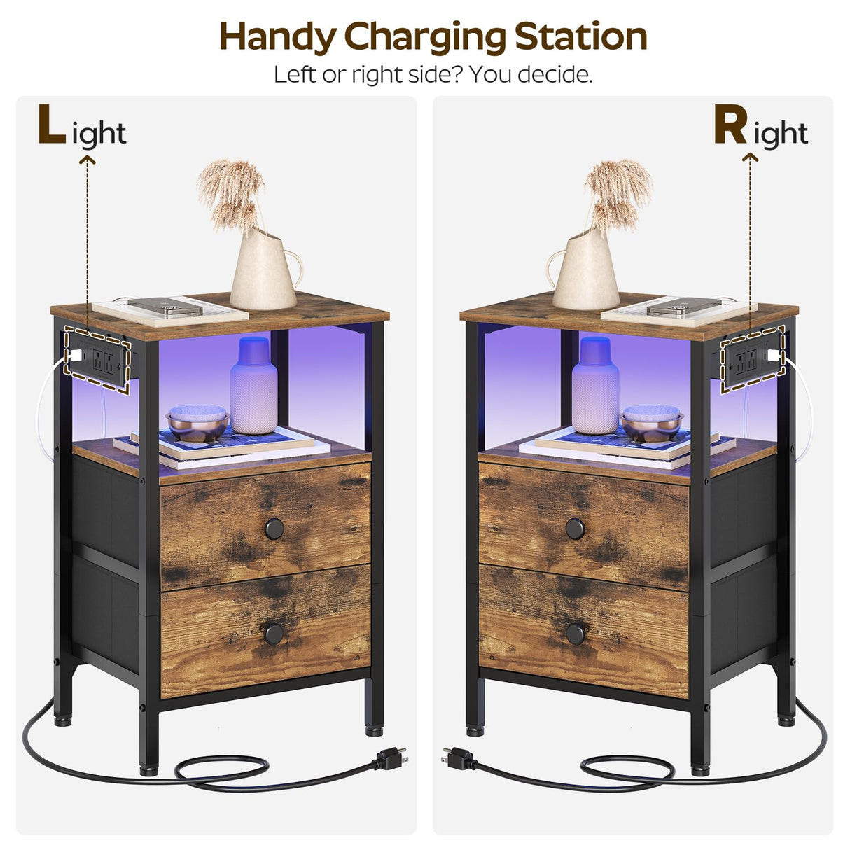 YATINEY Nightstands with Charging Station, Night Stand Set of 2 with LED Lights, Side Table with 2 Non-Woven Drawers, End Table Bedroom, Bedside Tables for Bedroom, Rustic Brown and Black ET12L2BR YATINEY