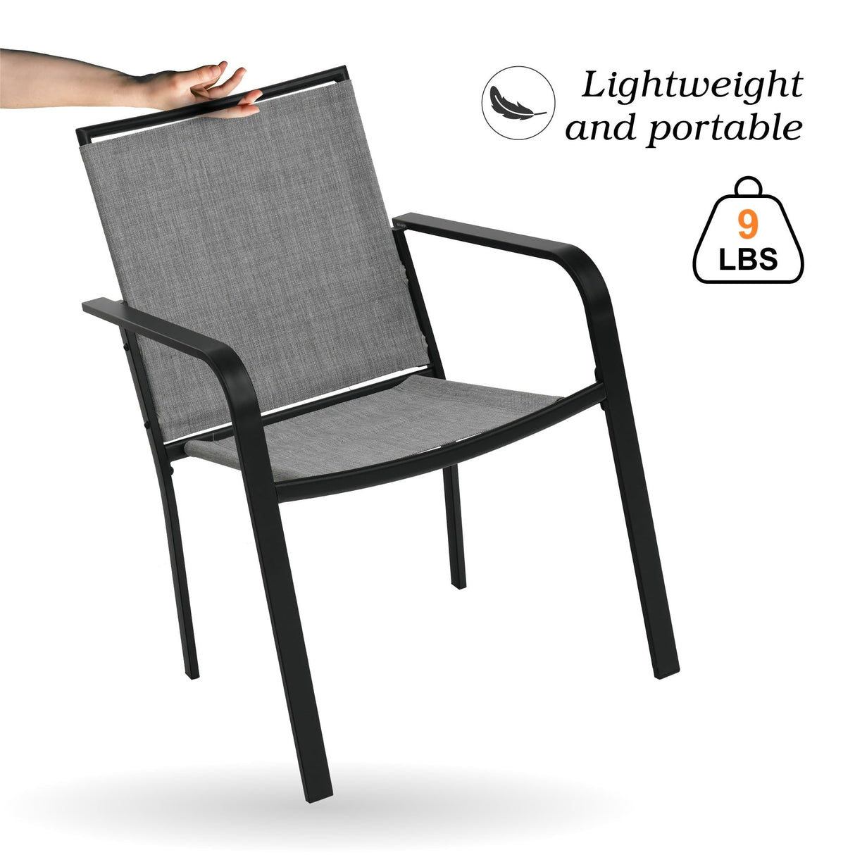 Anmutig 7-Piece Outdoor Dining Set, Powder Coated Steel Table with 6 Stackable Sling Chairs, 63 x 38 Inch Table Grey Fabric Anmutig