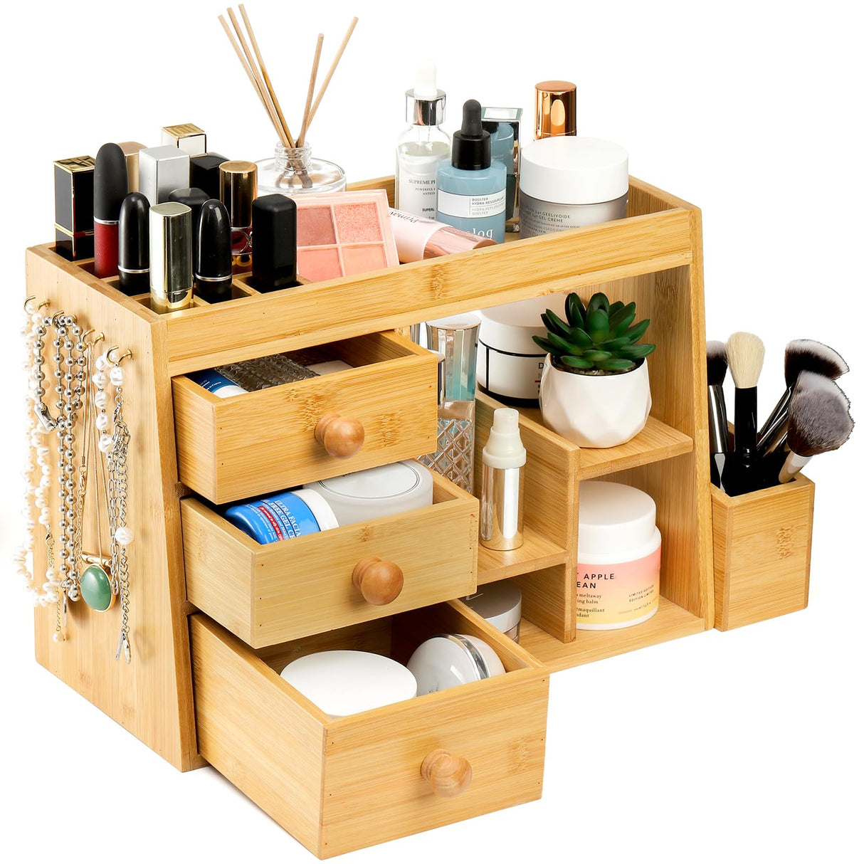 Elsjoy Bamboo Makeup Organizer with 3 Drawers & 12-Grid Lipstick Holder, Desk Bamboo Vanity Jewelry Organizer, Countertop Cosmetic Storage Box Stand with Hooks for Hanging Jewelry Elsjoy