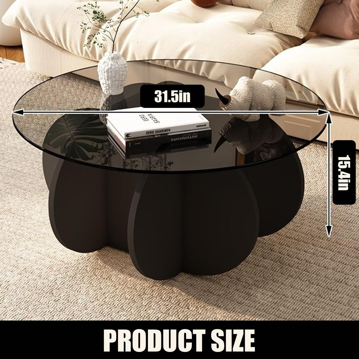 Black Coffee Table, 31.5" Round Glass Coffee Table for Living Room Mid Century Modern Coffee Table Unique Center Table with Wood Base Circle Coffee Ta dnziqi