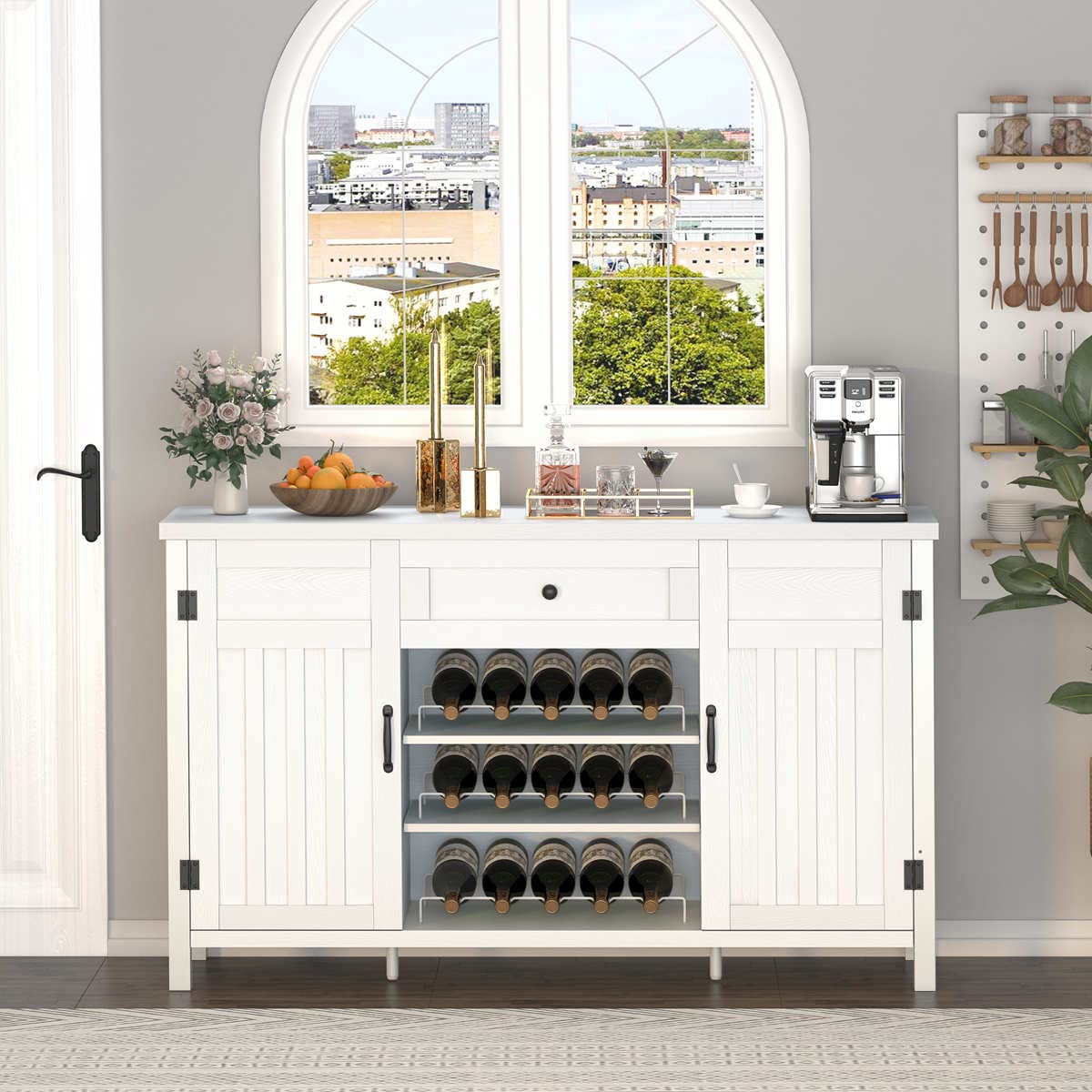 FATORRI Industrial Buffet Cabinet with Storage, Wood Buffet and Sideboard with Wine Rack, Rustic Credenza Coffee Bar Cabinet for Kitchen Dining Room (55.12 Inch, White Oak) FATORRI