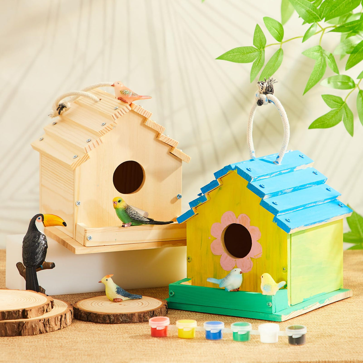 Juexica 4 Set DIY Birdhouse Kit Unfinished Bird House Painting Crafts for Kids with Paints and Paintbrushes Welcome Spring Gifts Outdoor Summer Crafts for Boy or Girl Ages 4-8 Juexica