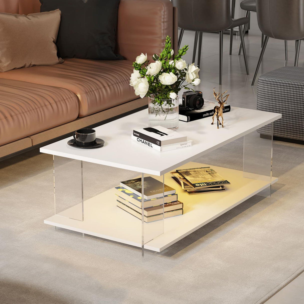 HedoAjim 43" Acrylic Coffee Table with Wood Top, Minimalist Stylish Modern Rectangular Center Tables for Living Room, Led Living Room Table with Storage Shelf & Acrylic Frame for Small Space HedoAjim