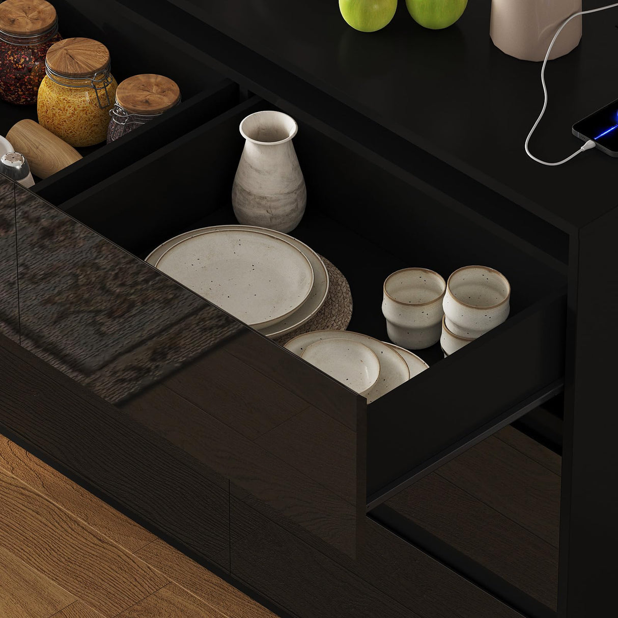 Halitaa Black TV Stand, Storage Cabinet with 9 Drawers for Bedroom Modern Large High Gloss Cabinet for Living Room Office(63" W) Halitaa