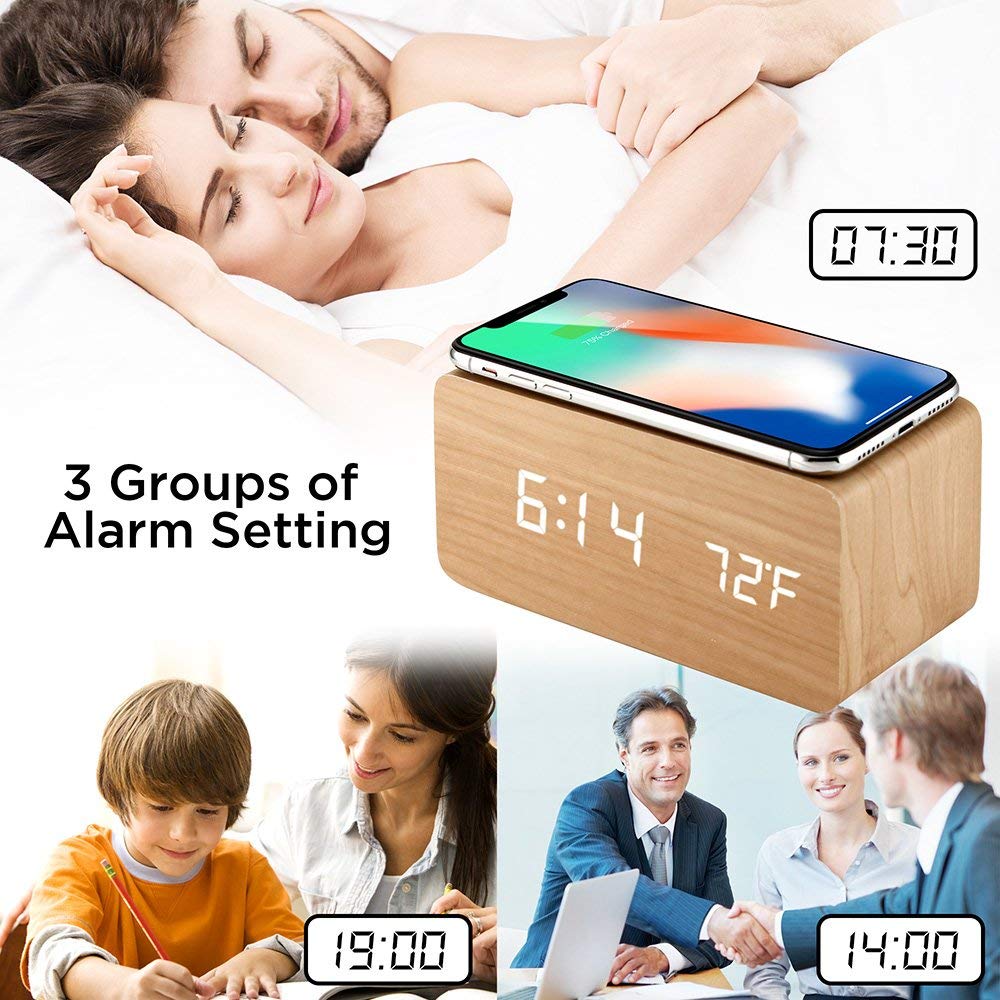 CMIITallki Multifunctional LED Digital Alarm Clock Desktop Charging Clock 12/24H Display Unique Home Decoration Bedroom Living Room Office Electronic Wooden Alarm Clock and CMIITallki