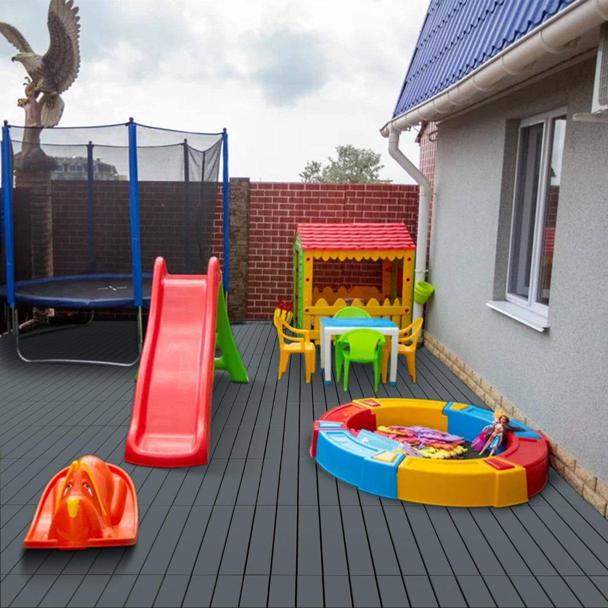 Plastic Interlocking Deck Tiles Waterproof 12x24'' Exstra Long Patio Flooring 24 PCS Outdoor Deck Tiles for All Weather Use - Balcony, Backyard, Indoor & Outdoor (Grey) ZUGELAN