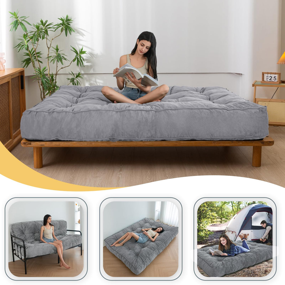 MAXYOYO 8" Futon Mattress Full Size, Extra Thick Futons Sofa Couch Bed, Velvet Floor Mattress for Adults, Shredded Foam Filling (Frame Not Included), Dark Grey MAXYOYO