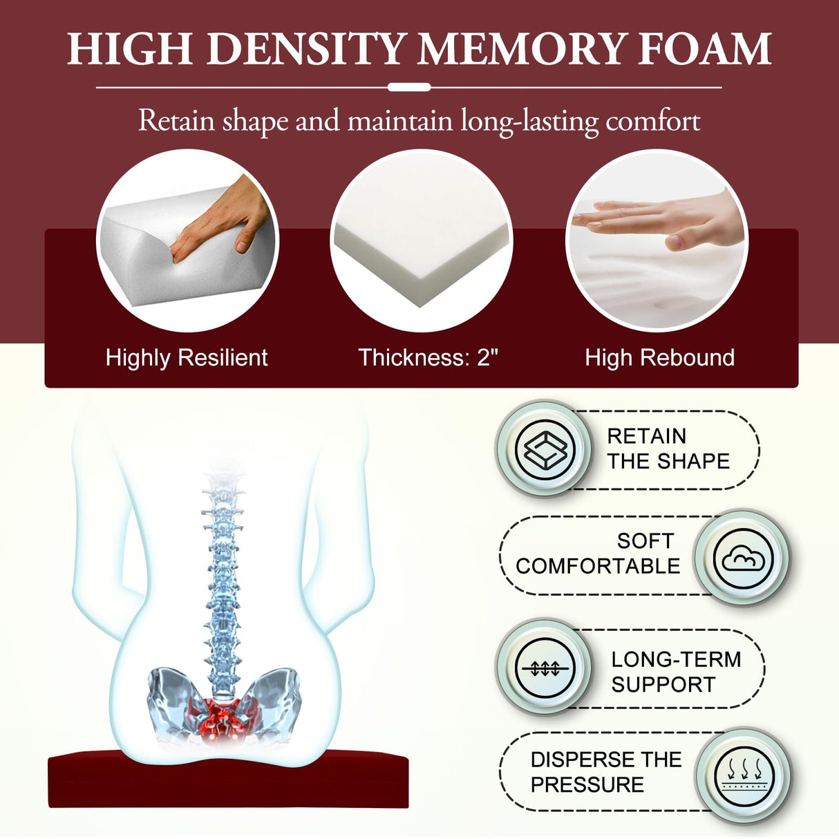 Wellsin Outdoor Chair Cushions for Patio Furniture - Patio Chair Cushions Set of 6 - Waterproof Round Corner Outdoor Seat Cushions 17"X16"X2", Burgundy Wellsin