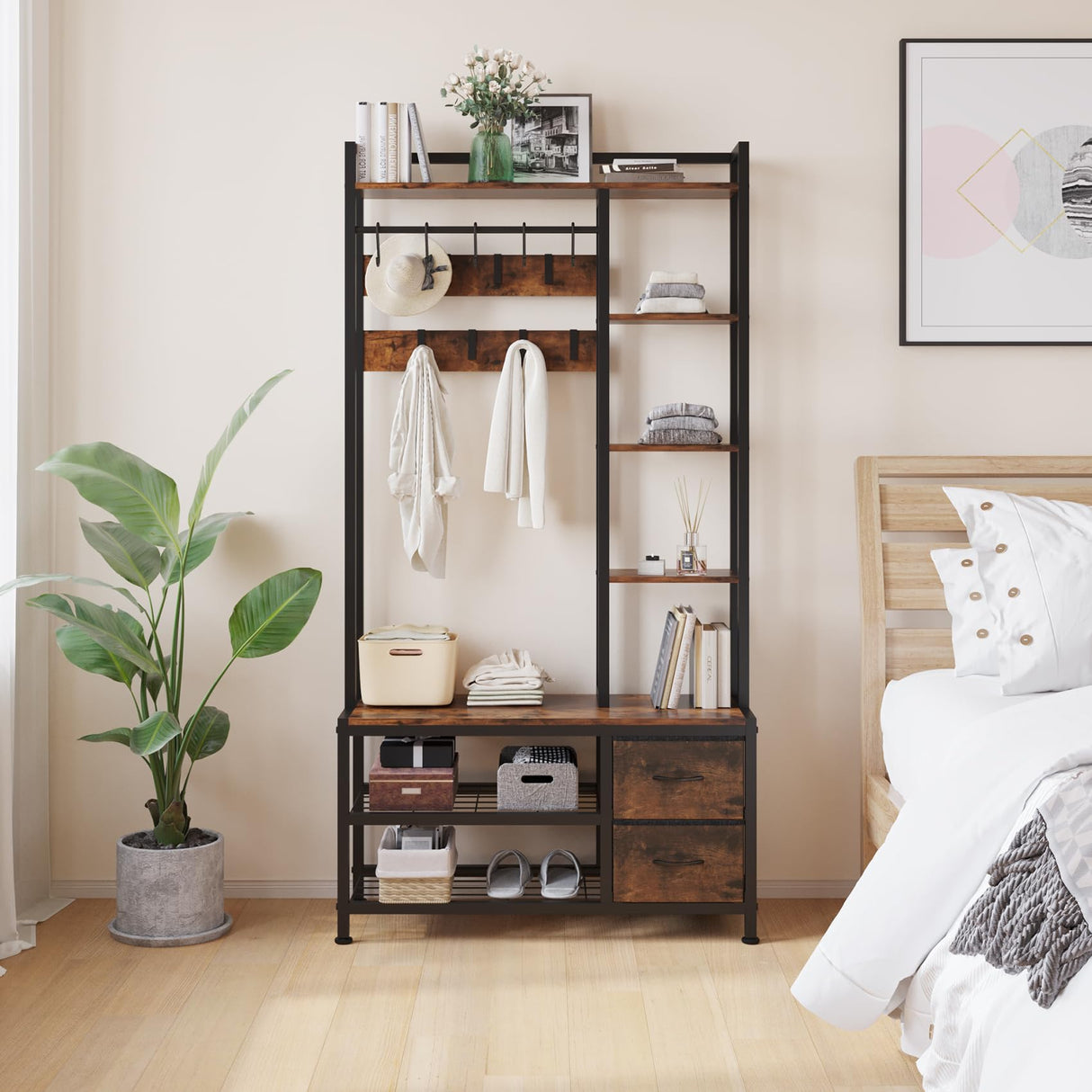 LUMTOK Hall Tree with Bench Storage and Shoes Storage, Hall Tree with Drawers and Shelves for Bedroom, 6-in-1 Entryway Organizer with Shelves, Living Room, Entryway, Closets (Rustic Brown) LUMTOK