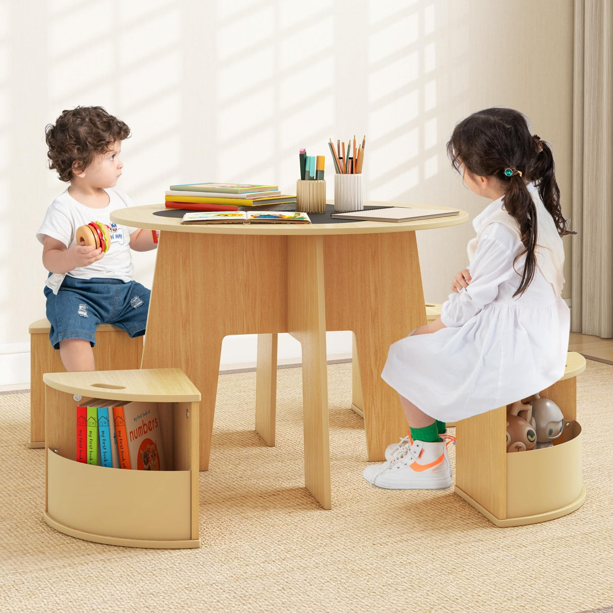 INFANS Toddler Table and Chair Set with 4 Storage Stools, Wooden Flower Shaped Nesting Table with Blackboard Drawers, Children Multi-Activity Table for Art Crafts Draw Read Boys Girls 3+ (Natural) INFANS