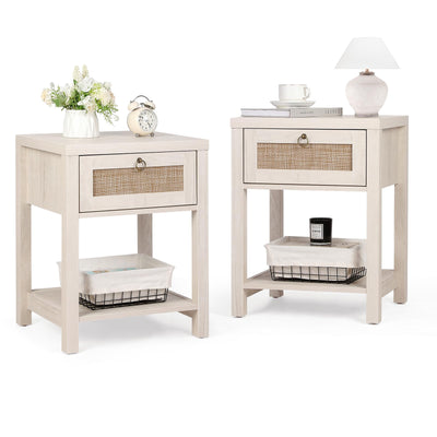 VOWNER White Rattan Nightstand Set of 2, Wood Night Stand with Vintage Metal Pull Handle, 2 PCS Bedside Table Boho End Tables with Storage, Side Tables Shelf for Bedroom, Small Space