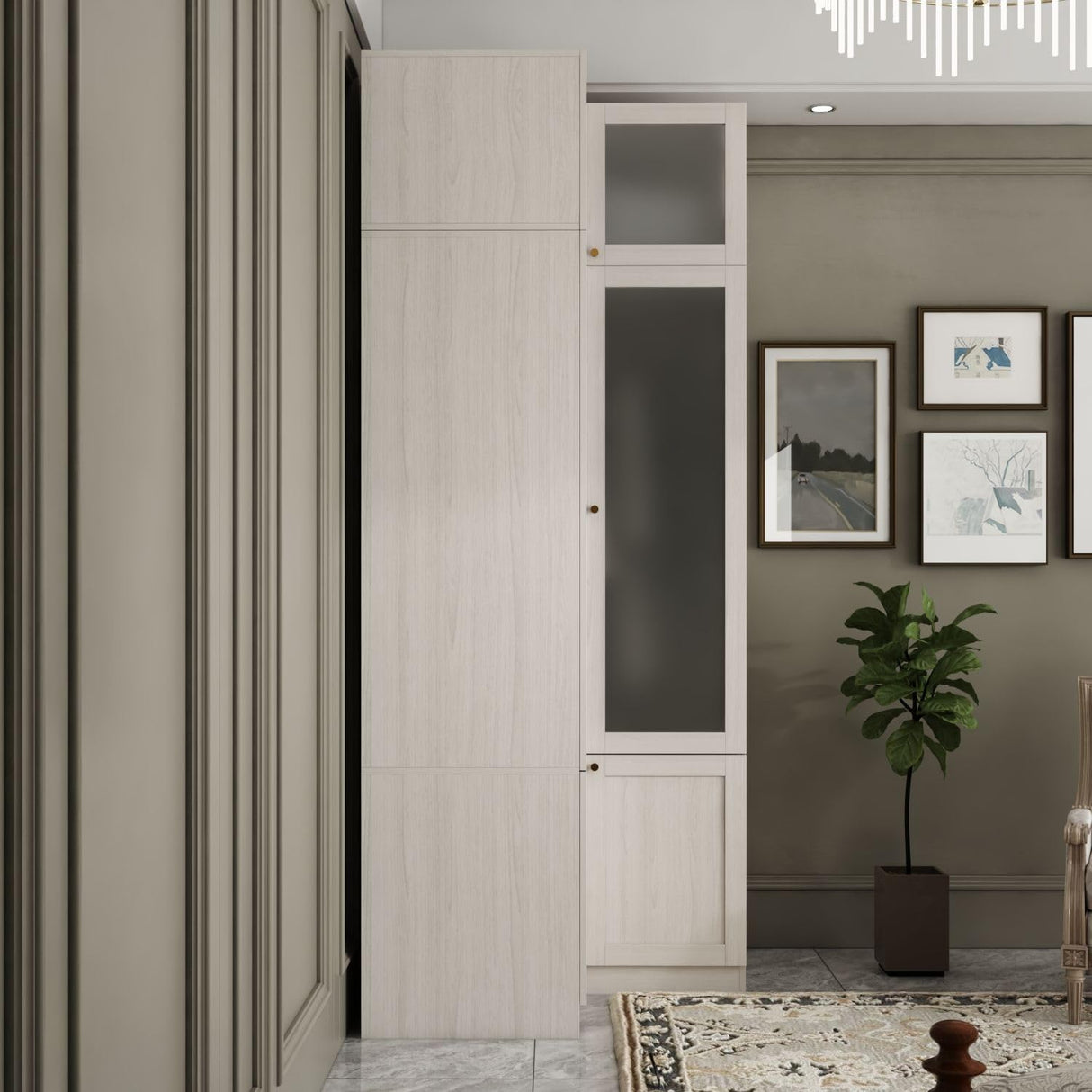 TAMUNE L-Shape Wardrobe Armoire Closet with Hanging Rod & Shelf, Bedroom Armoire with Frosted Glass Doors, Top Cabinets & Gold Knobs, Wood Grain, 35.4”D x 35.4”W x 86.6”H TAMUNE