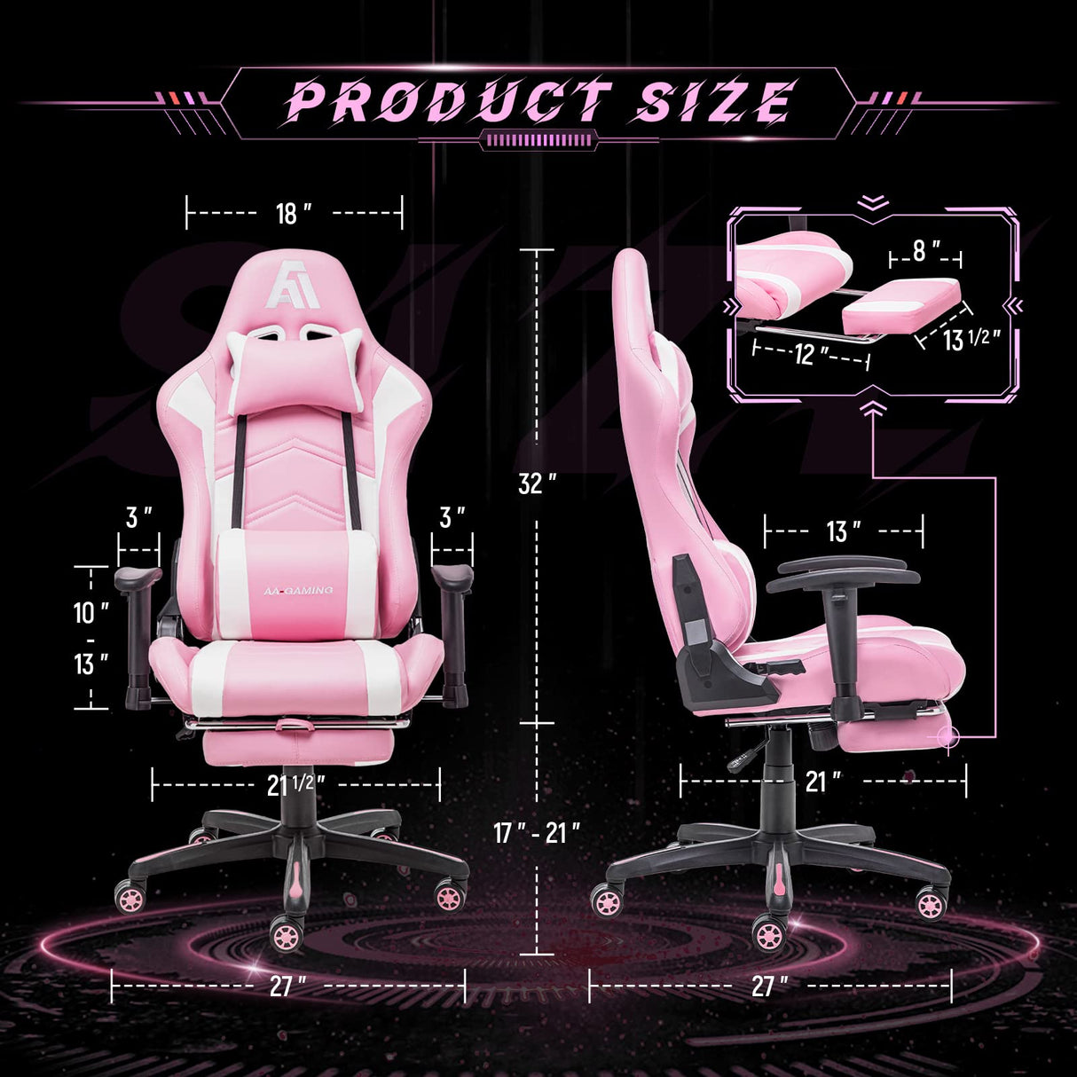 AA Products Gaming Chair Ergonomic High Back Computer Racing Chair Adjustable Office Chair with Footrest, Lumbar Support Swivel Chair - WhitePink AA Products Inc.