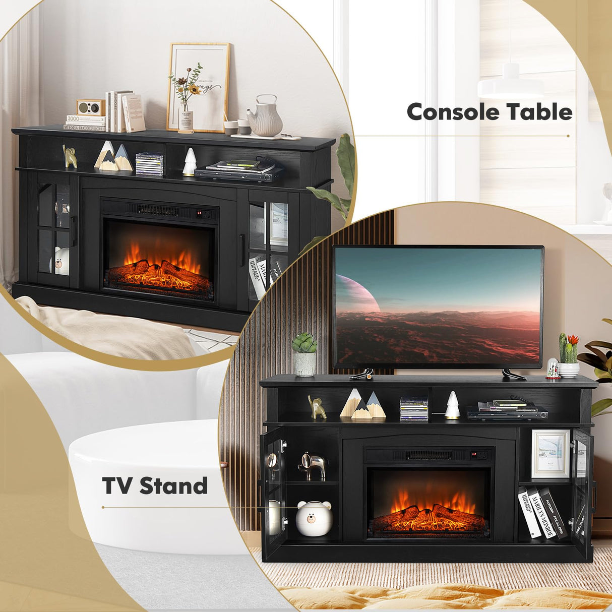 COSTWAY Electric Fireplace TV Stand for TVs Up to 65 Inches, 1400W Heater Insert with Remote Control, 6H Timer, 3-Level Flame, Overheat Protection and CSA Certification, Adjustable Shelves, Black COSTWAY