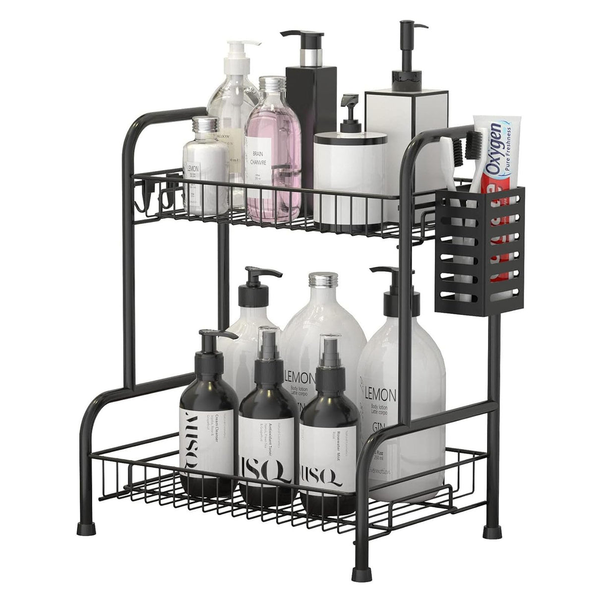 Bathroom Countertop Organizer With Toiletries Basket, 2 Tier Bathroom Counter Storage Rack with Adjustable Feetpad, No-Screw Caddy Stand for Vanity, Sturdy Metal Wire Black, Medium 12.8''L x 7.2''W USHARP