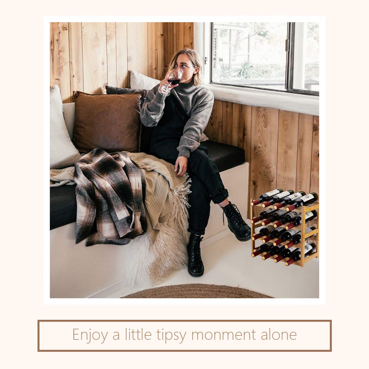 Homevany Bamboo Wine Rack, Sturdy and Durable Countertop Wine Storage Cabinet Shelf for Pantry - 4 Tiers 16 Bottle Wine Rack Homevany