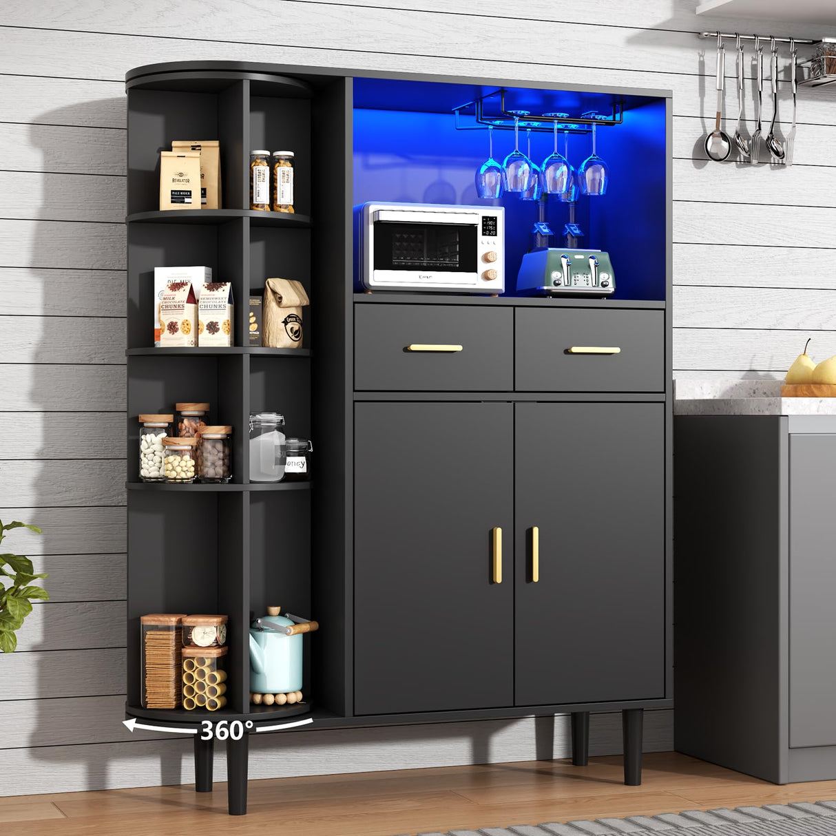 Kitchen Pantry Storage Cabinet with Charging Station and LED Lights, Freestanding Buffet Cabinet with Wine Glass Holder,Kitchen Hutch Cabinet with Rotation 4-Tier Storage Rack for Kitchen(Black) Gyfimoie