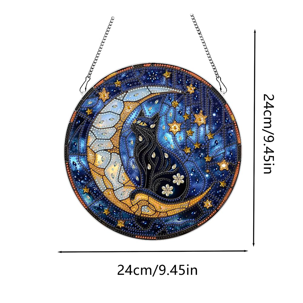 hyzsj DIY Hanging Diamond Art Pendant Painting Kit Cat,Acrylic 5D Moon Painting Window Pendants, Special Crystal Gem Craft Painting Kit Ornament hyzsj