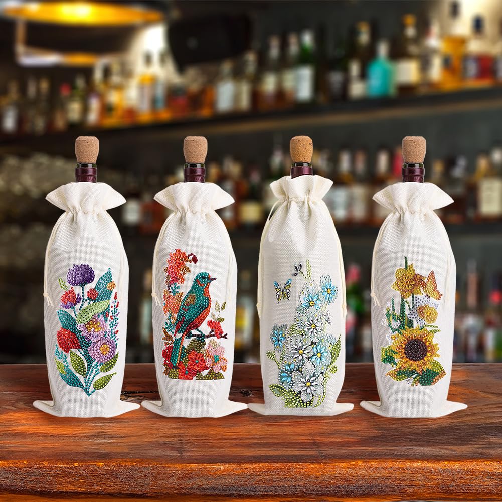 4 Pcs DIY Diamond Painting Art Kit Diamond Painting Wine Bag Kit Rhinestones Label Liquor Bottle Cover Gift for Wine Lover Women Men Christmas (Flower Birds) Generic