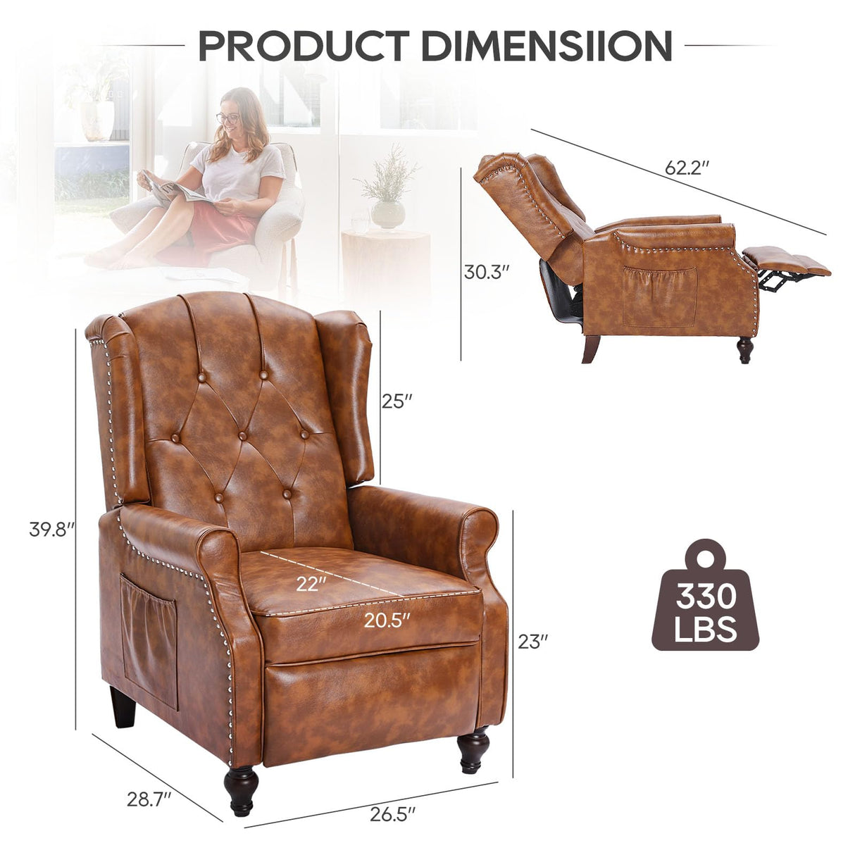 P.H.Furn Wingback Recliner Chair with Massage and Heat, Tufted Back PU Leather Living Room Armchair with Nailhead Trim,Push Back Recliner Chair with Remote Control,Padded Cushion (Tawny Brown) P.H.Furn