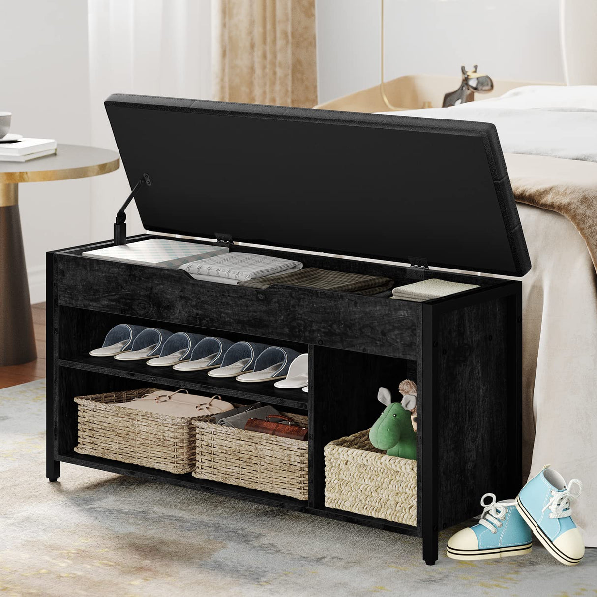 astimey Shoe Bench, Lift Top Shoe Storage Bench, Adjustable Shelf Entryway Bench, Metal and Wood Shoe Rack Organizer with Cushion for Entry, Bedroom, Closet, Living Room, Hallway, Black 39.5W astimey