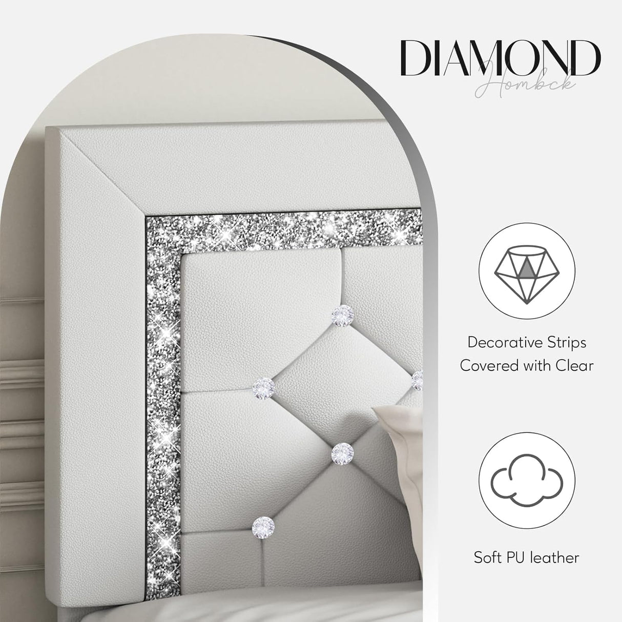 HOMBCK Twin Bed Frame with Diamond Headboard, Faux Leather Upholstered Platform Bed, Mattress Foundation, No Box Spring Needed, Easy Assembly, Pearlized White HOMBCK