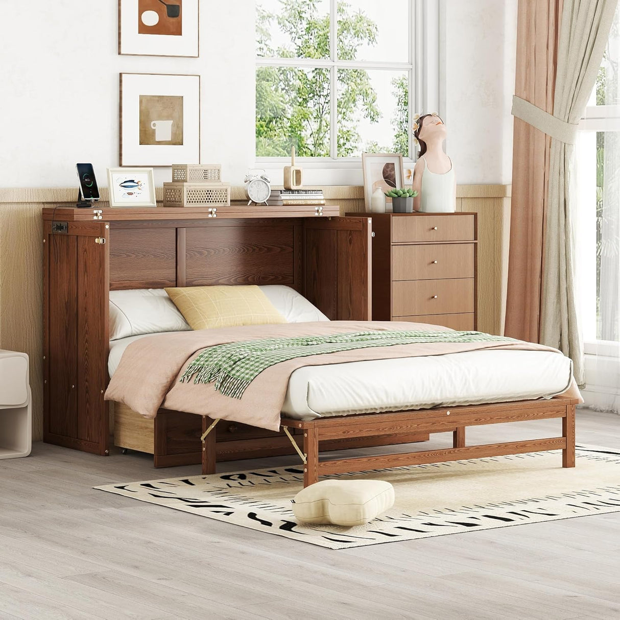 MERITLINE Solid Pine Wood Full Murphy Bed with Storage Drawer and Charging Station,Wood Folding Walnut Murphy Chest Bed Cabinet for Adults MERITLINE