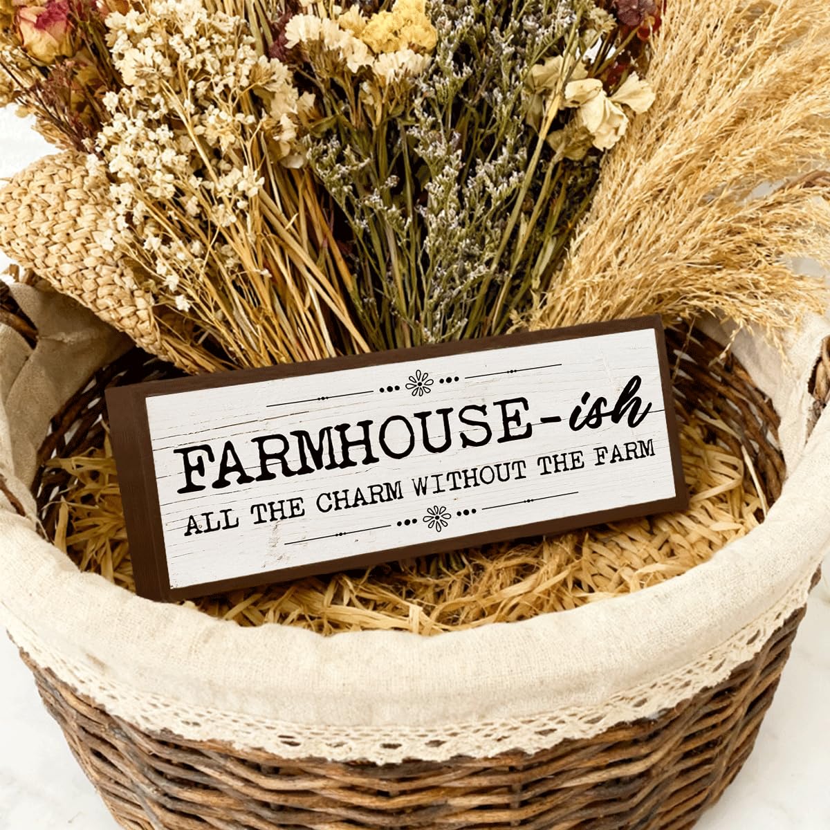 Country Style Wood Decor, Farmhouse-ish Sign, Framed Wooden Wall Plaque, Rustic Home Decor for Living Room Kitchen, All the Charm without the Farm Sign 9.5x3.1x1 inches BQL