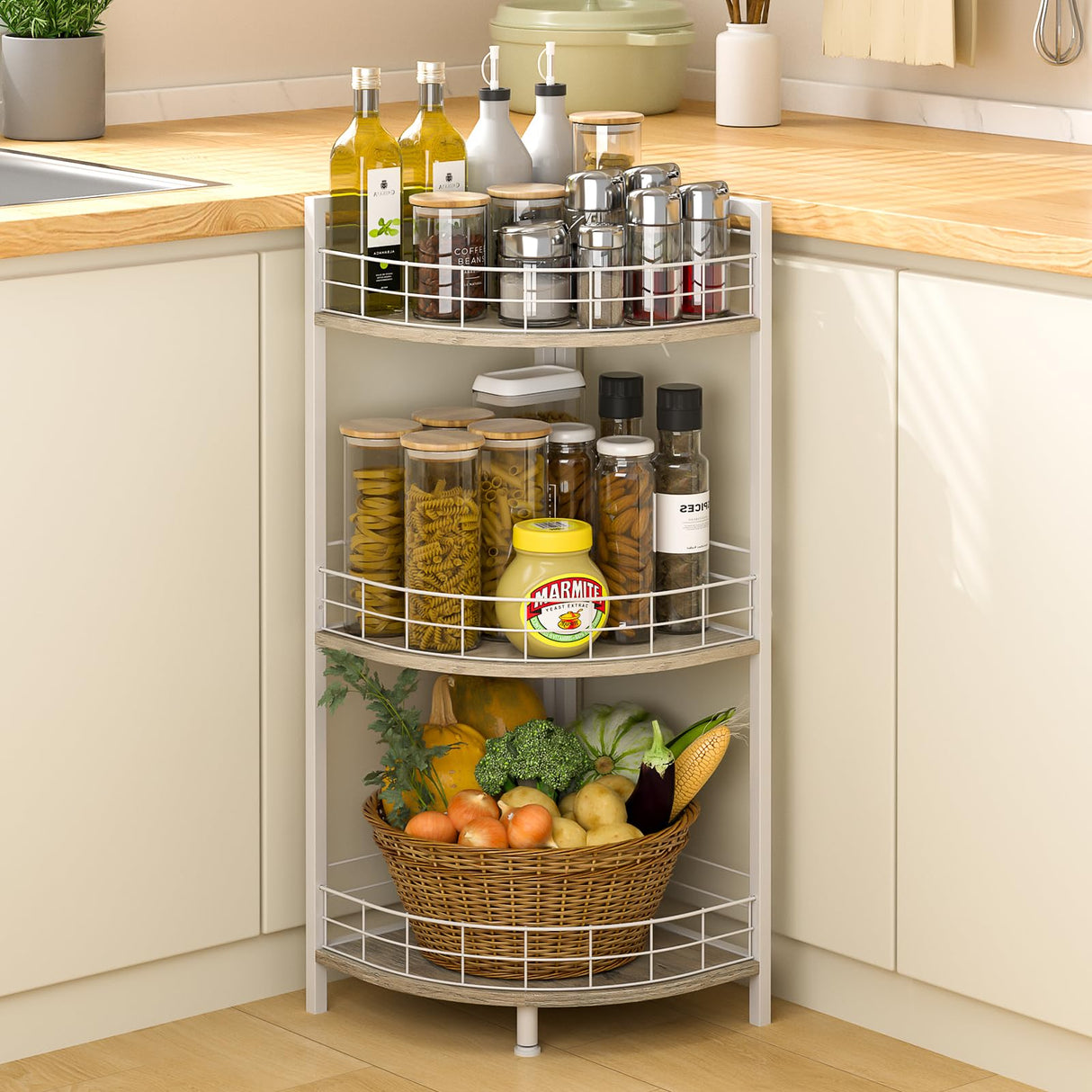 DAOUTIME Bathroom Standing Shelf, 3 Tier Free-Standing Shelf Units, Open Floor Shelves, Triangular Curved Corner Shelf Stand for Small Space, Ideal for Bathroom,Kitchen,Vanity Storage and Organizer DAOUTIME