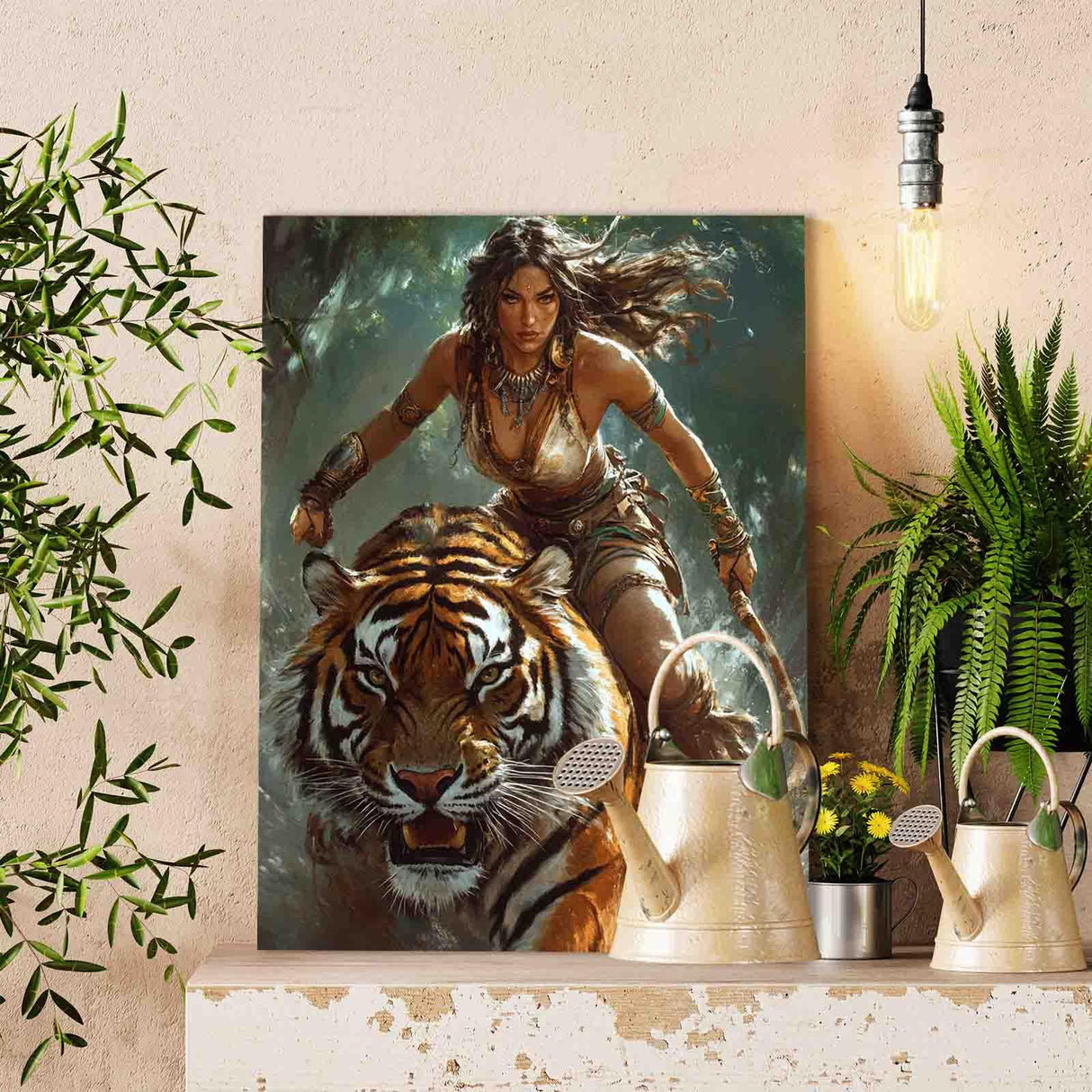 Tucocoo Beautiful Jungle Tiger Rider Paint by Number Barbarian Woman in Forest Tribal Armor Native American Woman Warrior Number Painting On Canvas for Home Wall Decor 16''W X 20''H (Without Framed) Tucocoo