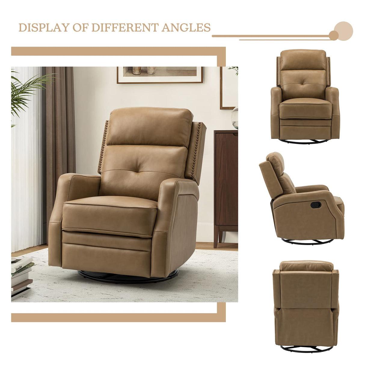 HULALA HOME Genuine Leather Swivel Rocker Recliners Set of 2 with Adjustable Backrest & Footrest, Manual Glider Recliners with 360° Swivel Base, Home Theater Sofa Chairs for Living Room, Taupe HULALA HOME